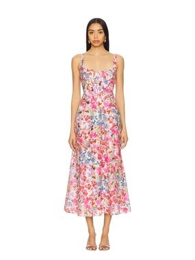 Bardot x Revolve - NWT Floral Corset Midi Dress Linen Blend Boned Bodice Sz L